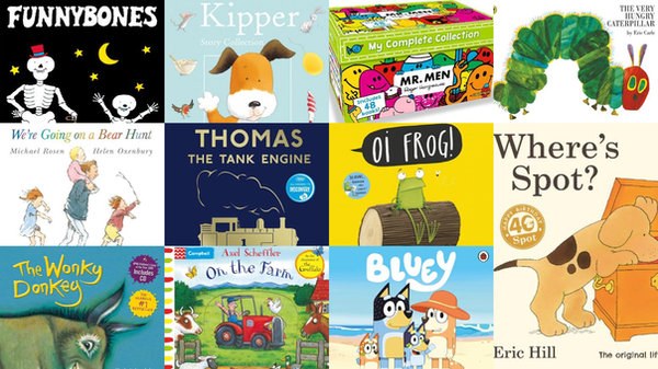 Children's picture books displayed face-out on the bookshop shelves