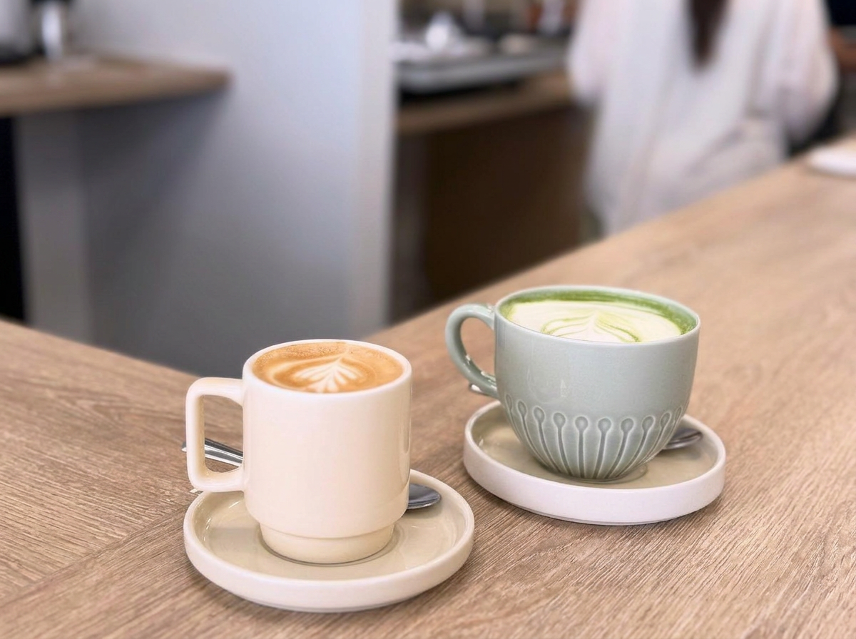 A flat white and a matcha latte on a wooden table at Tiny Bloom Play Cafe